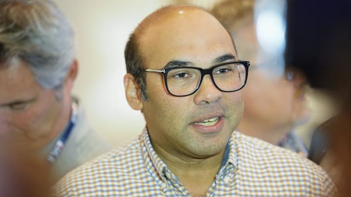 Nov 9, 2022; Las Vegas, NV, USA; San Francisco Giants president of baseball operations Farhan Zaidi answers questions from the media during the MLB GM Meetings at The Conrad Las Vegas.