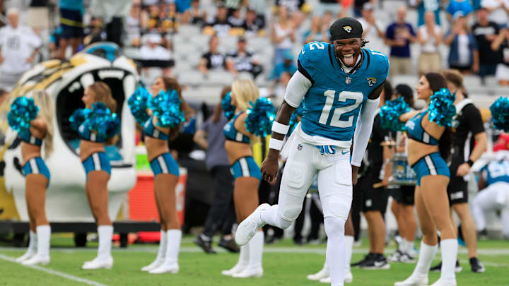 Jacksonville Jaguars wide receiver Travis Hunter (12) runs on the field before an NFL preseason matchup against the Pittsburgh Steelers of an NFL preseason matchup at EverBank Stadium, Saturday, Aug. 9, 2025 in Jacksonville, Fla. [Corey Perrine/Florida Times-Union]