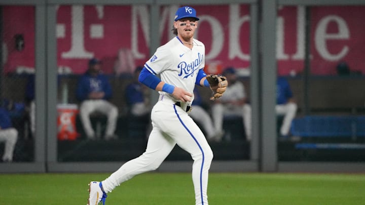 Oct 10, 2024; Kansas City, Missouri, USA; Kansas City Royals shortstop Bobby Witt Jr. (7) fields a ball against the New York Yankees during game four of the NLDS for the 2024 MLB Playoffs at Kauffman Stadium. Mandatory Credit: Denny Medley-Imagn Images