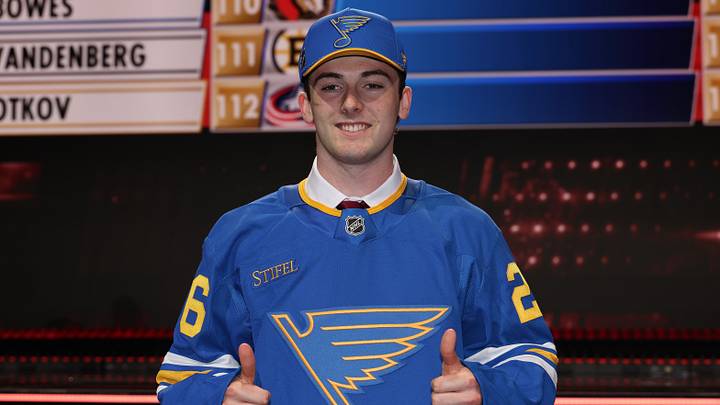BUFFALO, NEW YORK - JUNE 27: Landon Nycz of the United States looks on after being drafted by the St. Louis Blues with the one hundred and seventh pick during day two of the 2026 NHL Draft on June 27, 2026 in Buffalo, New York. (Photo by Bruce Bennett/Getty Images)
