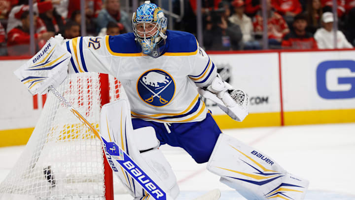 Nov 15, 2025; Detroit, Michigan, USA; Buffalo Sabres goaltender Colten Ellis (92) tends goal in the second period against the Detroit Red Wings at Little Caesars Arena. Mandatory Credit: Rick Osentoski-Imagn Images Nov 15, 2025; Detroit, Michigan, USA; Buffalo Sabres goaltender Colten Ellis (92) tends goal in the second period against the Detroit Red Wings at Little Caesars Arena. Mandatory Credit: Rick Osentoski-Imagn Images