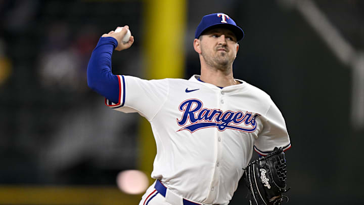 May 1, 2025; Arlington, Texas, USA; Texas Rangers pitcher Tyler Mahle (51) pitches against the Athletics during the first inning at Globe Life Field. 