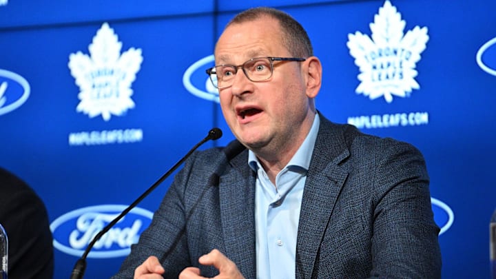 May 21, 2024; Toronto, Ontario, CANADA; Toronto Maple Leafs general manager Brad Treliving speaks during a media conference to introduce new head coach Craig Berube (not shown) at Ford Performance Centre. Mandatory Credit: Dan Hamilton-Imagn Images May 21, 2024; Toronto, Ontario, CANADA; Toronto Maple Leafs general manager Brad Treliving speaks during a media conference to introduce new head coach Craig Berube (not shown) at Ford Performance Centre. Mandatory Credit: Dan Hamilton-Imagn Images