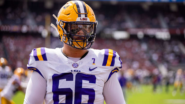 Sep 14, 2024; Columbia, South Carolina, USA; LSU Tigers offensive tackle Will Campbell (66) warms up before a game against the South Carolina Gamecocks at Williams-Brice Stadium. Mandatory Credit: Scott Kinser-Imagn Images