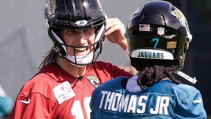 Jacksonville Jaguars Quarterback Trevor Lawrence (16) talks with Jacksonville Jaguars Wide Receiver Brian Thomas Jr. (7) after the Jacksonville Jaguars seventh day of NFL Training Camp at the Miller Electric Center in Jacksonville, Fla., Thursday August 6, 2026.    