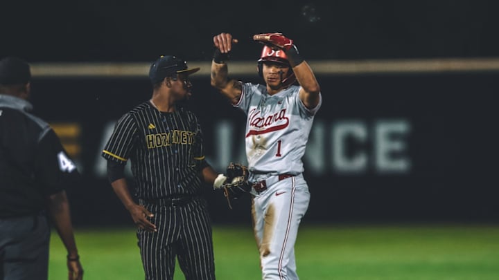 Alabama shortstop Justin Lebron celebrates after stealing second base against Alabama State
