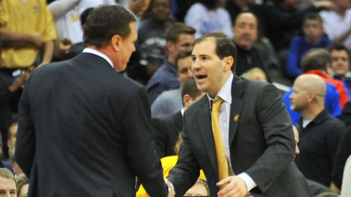 March 09, 2012; Kansas City, MO, USA; Kansas Jayhawks head coach Bill Self congratulates Baylor Bears head coach Scott Drew after the second half of the semifinal round of the 2012 Big 12 Tournament at the Sprint Center. Baylor won Mandatory Credit: Denny Medley-Imagn Images