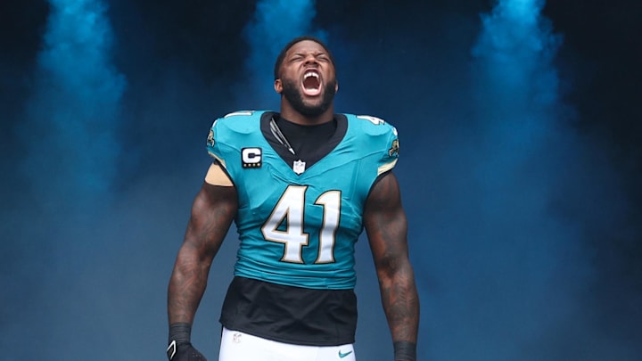Oct 6, 2024; Jacksonville, Florida, USA; Jacksonville Jaguars defensive end Josh Hines-Allen (41)) takes the field for a game against the Indianapolis Colts at EverBank Stadium. Mandatory Credit: Nathan Ray Seebeck-Imagn Images