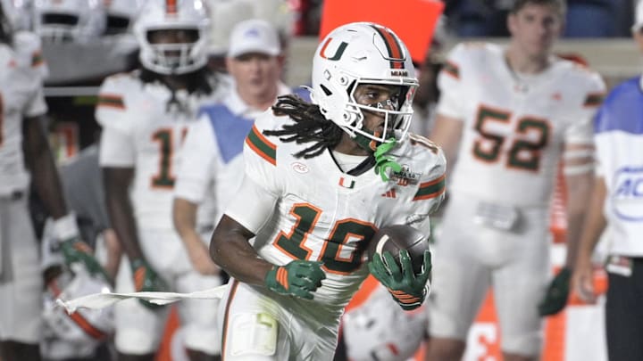 Oct 4, 2025; Tallahassee, Florida, USA; Miami Hurricanes wide receiver Malachi Toney (10) runs against Florida State Seminoles defensive back Jerry Wilson (19) during the first half at Doak S. Campbell Stadium. Mandatory Credit: Melina Myers-Imagn Images Oct 4, 2025; Tallahassee, Florida, USA; Miami Hurricanes wide receiver Malachi Toney (10) runs against Florida State Seminoles defensive back Jerry Wilson (19) during the first half at Doak S. Campbell Stadium. Mandatory Credit: Melina Myers-Imagn Images