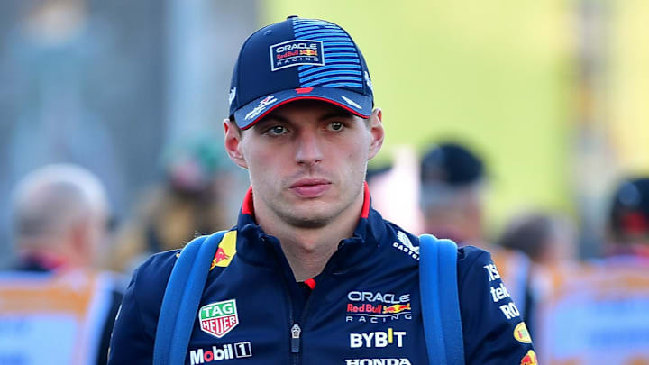 Nov 21, 2024; Las Vegas, Nevada, USA; Oracle Red Bull Racing driver Max Verstappen (1) arrives before practice for the Las Vegas Grand Prix at Las Vegas Circuit. Mandatory Credit: Gary A. Vasquez-Imagn Images