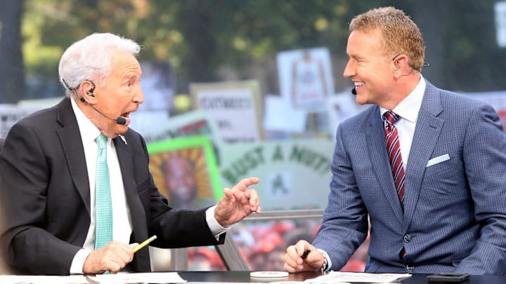 Hosts Lee Corso, at left, and Kirk Herbstreit talk during the ESPN College GameDay show on Saturday, Sept. 23, 2023, on the Hesburgh Library lawn on the University of Notre Dame campus in South Bend. The show was to highlight the Notre Dame-Ohio State game. Hosts Lee Corso, at left, and Kirk Herbstreit talk during the ESPN College GameDay show on Saturday, Sept. 23, 2023, on the Hesburgh Library lawn on the University of Notre Dame campus in South Bend. The show was to highlight the Notre Dame-Ohio State game.