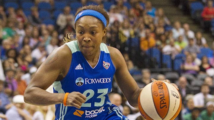 June 21, 2012; Minneapolis, MN, USA: New York guard Cappie Pondexter (23) drives to the basket in the first half against the Minnesota Lynx  at Target Center. Mandatory Credit: Jesse Johnson-Imagn Images