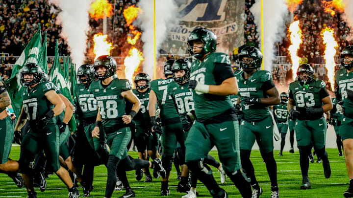 Michigan State takes the field before the game against Michigan on Saturday, Oct. 25, 2025, at Spartan Stadium in East Lansing.