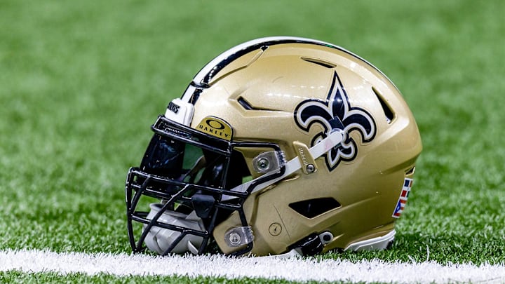 Jan 7, 2024; New Orleans, Louisiana, USA; Detailed view of the New Orleans Saints helmet during warmups against the Atlanta Falcons at Caesars Superdome. Mandatory Credit: Stephen Lew-Imagn Images Jan 7, 2024; New Orleans, Louisiana, USA; Detailed view of the New Orleans Saints helmet during warmups against the Atlanta Falcons at Caesars Superdome. Mandatory Credit: Stephen Lew-Imagn Images