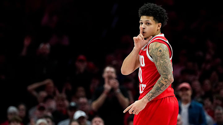 Ohio State Buckeyes guard John Mobley Jr. (0) reacts after making a three point shot in the first half at Value City Arena on Saturday, Jan. 17, 2026 in Columbus, Ohio.
