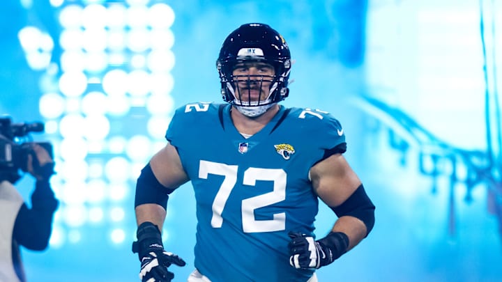 Jan 14, 2023; Jacksonville, Florida, USA; Jacksonville Jaguars offensive tackle Walker Little (72).