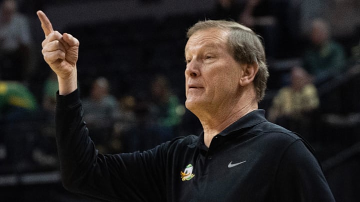 Oregon coach Dana Altman directs his team against Penn State at Matthew Knight Arena in Eugene, Feb. 14, 2026.