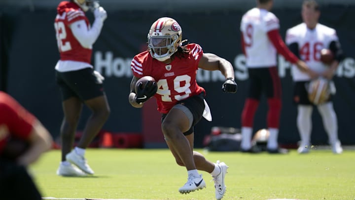 Jun 11, 2025; Santa Clara, CA, USA; San Francisco 49ers running back Corey Kiner (49) runs a play from scrimmage during a team OTA at Levi's Stadium. Mandatory Credit: D. Ross Cameron-Imagn Images Jun 11, 2025; Santa Clara, CA, USA; San Francisco 49ers running back Corey Kiner (49) runs a play from scrimmage during a team OTA at Levi's Stadium. Mandatory Credit: D. Ross Cameron-Imagn Images