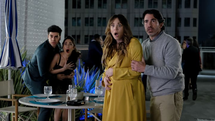BASED ON A TRUE STORY -- "The Survivor” Episode 104 -- Pictured: (l-r) Sebastian Quinn as Carlos, Priscilla Quintana as Ruby, Kaley Cuoco as Ava, Chris Messina as Nathan -- (Photo by: Erica Parise/PEACOCK)