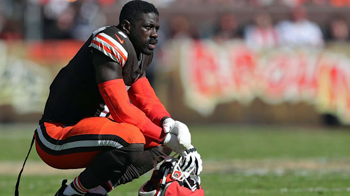 Cleveland Browns linebacker Jeremiah Owusu-Koramoah (6) rests in between plays during the first half of an NFL football game at Huntington Bank Field, Sunday, Oct. 20, 2024, in Cleveland, Ohio.