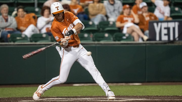 Texas outfielder Will Gasparino (8) bats during the Longhorns' game against Houston Christian, April 8, 2025 at UFCU Disch-Falk Field in Austin.