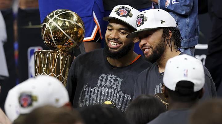 Jun 13, 2026; San Antonio, Texas, USA; New York Knicks center Karl-Anthony Towns (32) and guard Jalen Brunson (11) celebrates with his teammates after the Knicks defeat the San Antonio Spurs during game five of the 2026 NBA Finals at Frost Bank Center. Mandatory Credit: Geoff Burke-Imagn Images