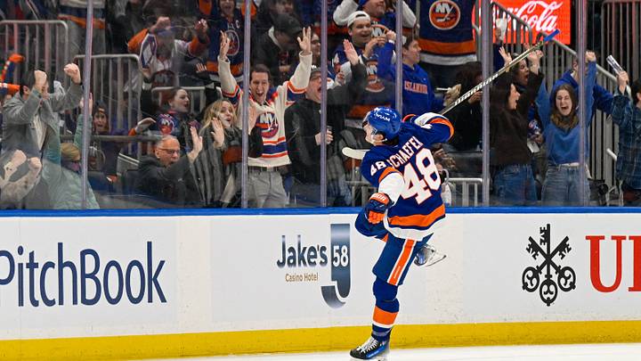 Mar 1, 2026; Elmont, New York, USA; New York Islanders defenseman Matthew Schaefer (48) celebrates his second goal against the Florida Panthers during the third period at UBS Arena. Mandatory Credit: Dennis Schneidler-Imagn Images Mar 1, 2026; Elmont, New York, USA; New York Islanders defenseman Matthew Schaefer (48) celebrates his second goal against the Florida Panthers during the third period at UBS Arena. Mandatory Credit: Dennis Schneidler-Imagn Images