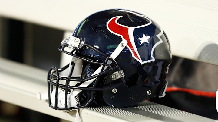 Aug 9, 2017; Charlotte, NC, USA; A Houston Texans helmet lays on the bench during the game against the Carolina Panthers at Bank of America Stadium. Mandatory Credit: Jeremy Brevard-Imagn Images