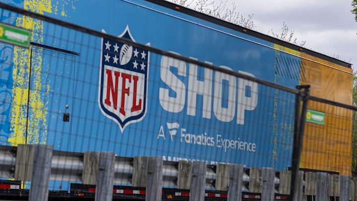 April 14, 2026; One of multiple NFL Shop locations lined across the NFL Draft Experience outside Acrisure Stadium.