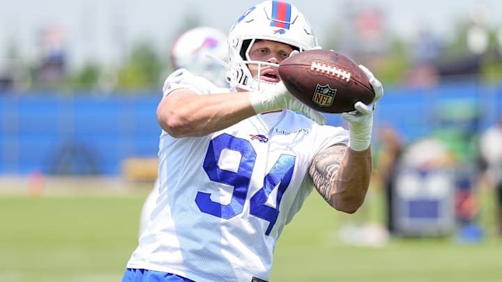 Buffalo Bills edge rusher Landon Jackson makes a catch during Minicamp at Highmark Stadium.