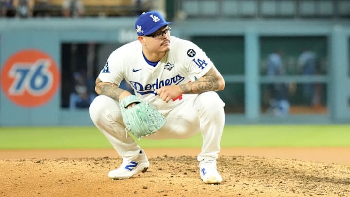 Oct 29, 2025:  Los Angeles Dodgers relief pitcher Anthony Banda (43) reacts during game five of the 2025 MLB World Series against the Toronto Blue Jays at Dodger Stadium. 