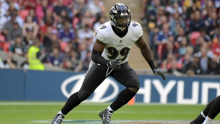 Sep 24, 2017; London, United Kingdom; Baltimore Ravens outside linebacker Matt Judon (99) during the NFL International Series game against the Jacksonville Jaguars at Wembley Stadium. The Jaguars defeated the Ravens 44-7.  Mandatory Credit: Kirby Lee-Imagn Images