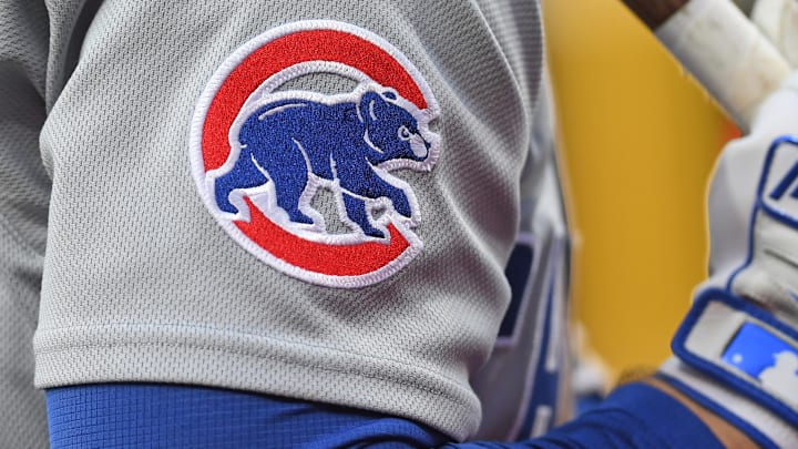 Jun 10, 2025; Philadelphia, Pennsylvania, USA; Chicago Cubs logo on the jersey of third base Matt Shaw (6) against the Philadelphia Phillies at Citizens Bank Park.