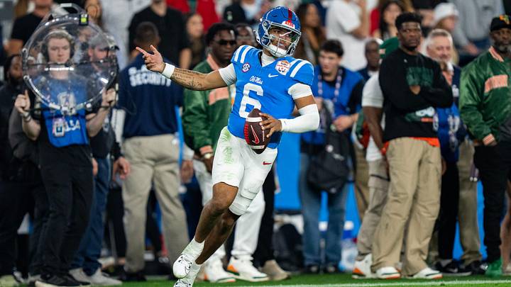 Ole Miss quarterback Trinidad Chambliss (6) celebrates a play during the CFP Fiesta Bowl against Miami at the State Farm Stadium, in Glendale, Ariz., on Thursday, Jan. 8, 2026.