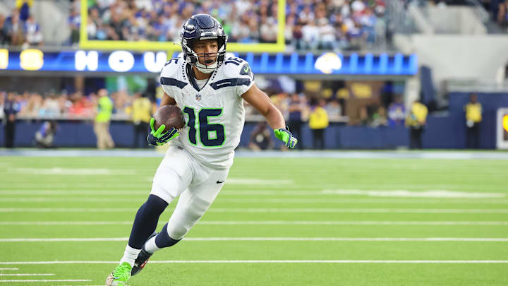 Seattle Seahawks Wide Receiver Tyler Lockett runs down the field baseline at SoFi Stadium