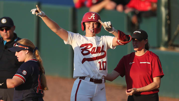 May 6, 2025; Athens, GA, USA; Alabama infielder Abby Duchscherer (10) reacts to a hit during a game against Auburn at Jack Turner Softball Stadium. May 6, 2025; Athens, GA, USA; Alabama infielder Abby Duchscherer (10) reacts to a hit during a game against Auburn at Jack Turner Softball Stadium.