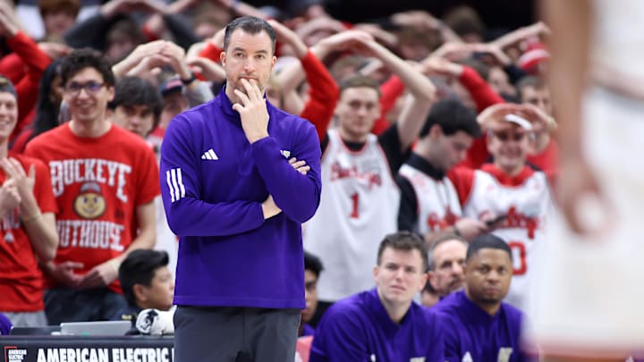 Feb 12, 2025; Columbus, Ohio, USA;  Washington Huskies head coach Danny Sprinkle looks on during the second half against the Ohio State Buckeyes at Value City Arena. Mandatory Credit: Joseph Maiorana-Imagn Images
