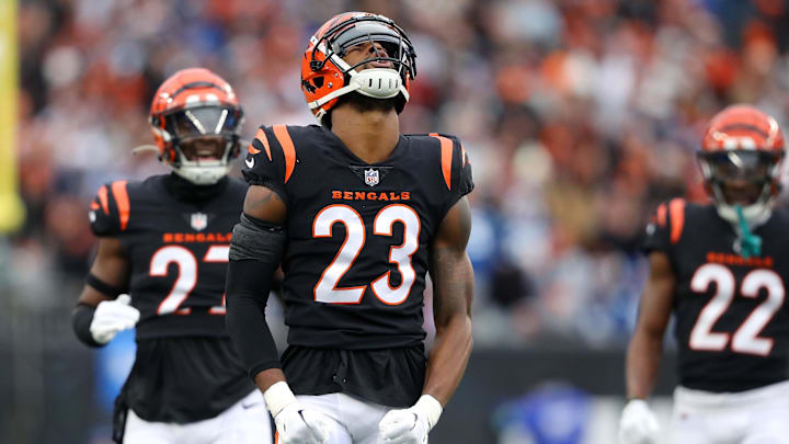 Dec 10, 2023; Cincinnati, Ohio, USA; Cincinnati Bengals safety Dax Hill (23) celebrates a pass