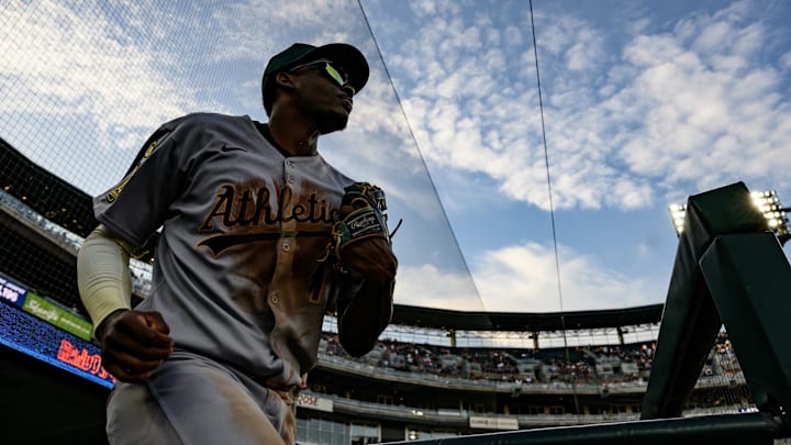 Jun 25, 2025; Detroit, Michigan, USA; Athletics center fielder Denzel Clarke (1) takes the field for the fifth inning against the Detroit Tigers at Comerica Park. Mandatory Credit: Lon Horwedel-Imagn Images