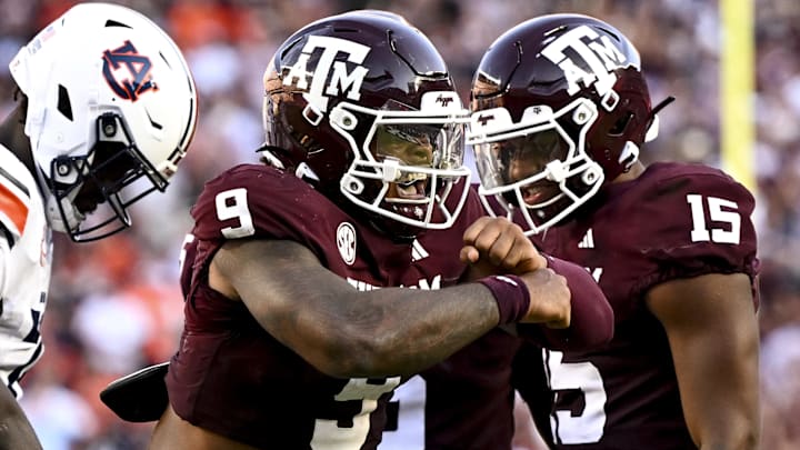 Texas A&M Aggies defensive end Cashius Howell (9) reacts after a sack during the fourth quarter against the Auburn Tigers at Kyle Field. Texas A&M Aggies defensive end Cashius Howell (9) reacts after a sack during the fourth quarter against the Auburn Tigers at Kyle Field.