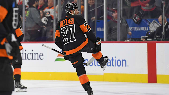 Jan 13, 2025; Philadelphia, Pennsylvania, USA; Philadelphia Flyers left wing Noah Cates (27) celebrates win against the Florida Panthers at Wells Fargo Center. 