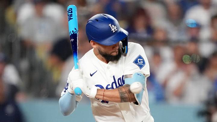 Aug 21, 2026; Los Angeles, California, USA; Los Angeles Dodgers center fielder Andy Pages (44) is hit by a pitch in the third inning against the Pittsburgh Pirates at Dodger Stadium. Mandatory Credit: Kirby Lee-Imagn Images Aug 21, 2026; Los Angeles, California, USA; Los Angeles Dodgers center fielder Andy Pages (44) is hit by a pitch in the third inning against the Pittsburgh Pirates at Dodger Stadium. Mandatory Credit: Kirby Lee-Imagn Images