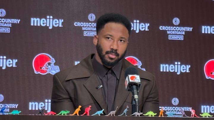 Cleveland Browns defensive end Myles Garrett spoke Friday, March 14, 2025, at team headquarters in Berea, Ohio, about signing a historic contract extension. Garrett loves dinosaurs, so his media availability had a theme.