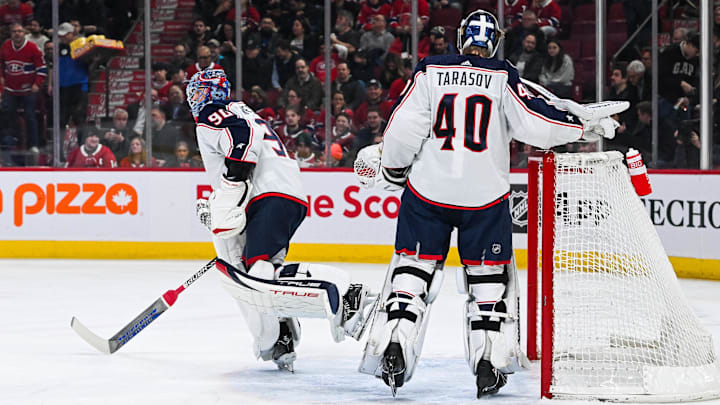 Mar 12, 2024; Montreal, Quebec, CAN; Columbus Blue Jackets goalie Elvis Merzlikins (90) skates back