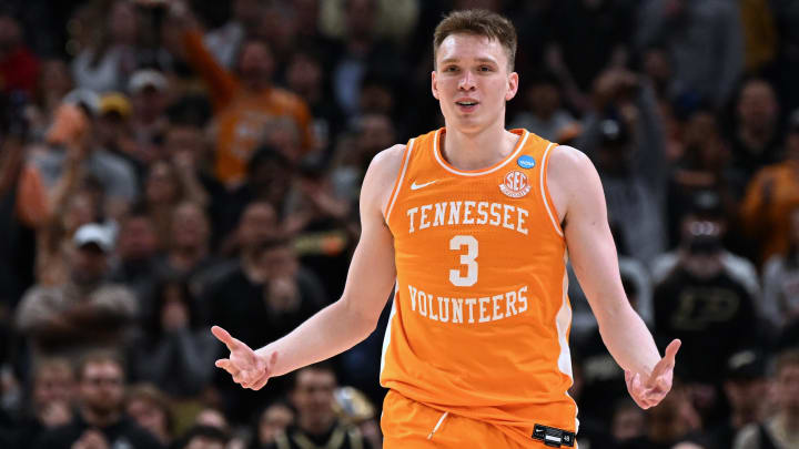 Mar 31, 2024; Detroit, MI, USA; Tennessee Volunteers guard Dalton Knecht (3) reacts in the first half against the Purdue Boilermakers during the NCAA Tournament Midwest Regional Championship at Little Caesars Arena. Mandatory Credit: Lon Horwedel-USA TODAY Sports