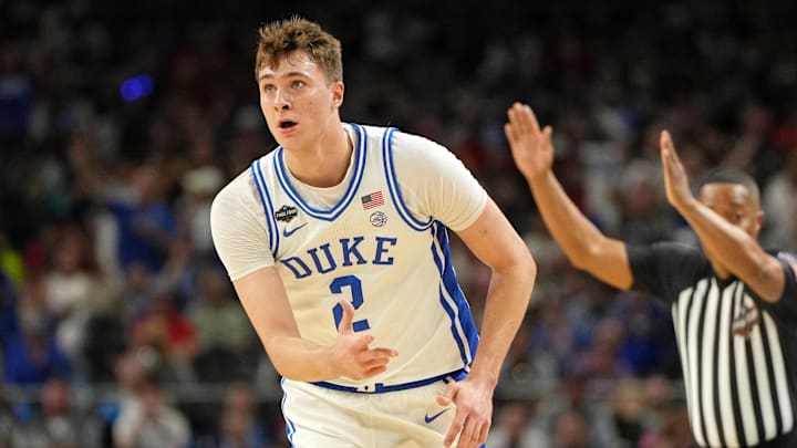 Apr 5, 2025; San Antonio, TX, USA; Duke basketball forward Cooper Flagg (2) reacts after a three point basket against the Houston Cougars during the first half in the semifinals of the men's Final Four of the 2025 NCAA Tournament at the Alamodome. 