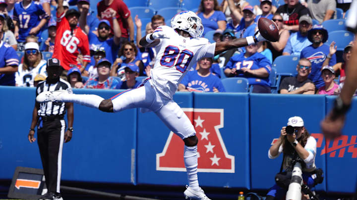 Aug 24, 2024; Orchard Park, New York, USA; Buffalo Bills wide receiver Tyrell Shavers (80) attempts to catch a pass for a touchdown against the Carolina Panthers during the first half at Highmark Stadium. Aug 24, 2024; Orchard Park, New York, USA; Buffalo Bills wide receiver Tyrell Shavers (80) attempts to catch a pass for a touchdown against the Carolina Panthers during the first half at Highmark Stadium.