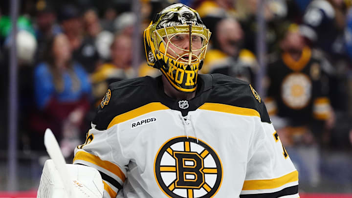 Boston Bruins goaltender Joonas Korpisalo (70) during the second period against the Colorado Avalanche at Ball Arena.