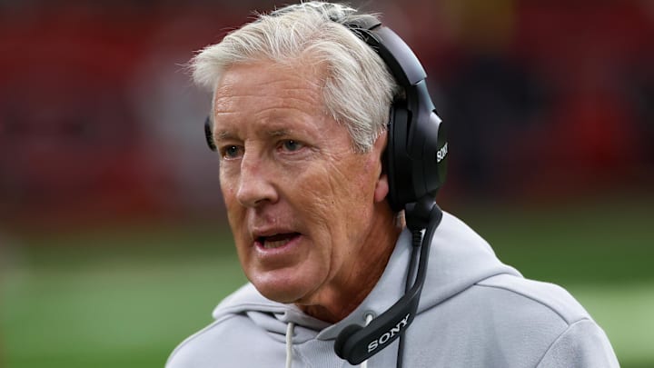 Dec 21, 2025; Houston, Texas, USA ;Las Vegas Raiders head coach Pete Carroll walks the sidelines while playing against the Houston Texans in the first quarter at NRG Stadium. M
