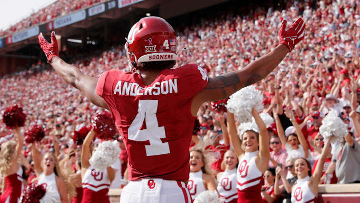 Oklahoma's Nic Anderson (4) celebrates a touchdown in the first half of the college football game between the University of Oklahoma Sooners and the University of Central Florida Knights at Gaylord Family Oklahoma-Memorial Stadium in Norman, Okla., Saturday, Oct., 21, 2023. Oklahoma's Nic Anderson (4) celebrates a touchdown in the first half of the college football game between the University of Oklahoma Sooners and the University of Central Florida Knights at Gaylord Family Oklahoma-Memorial Stadium in Norman, Okla., Saturday, Oct., 21, 2023.